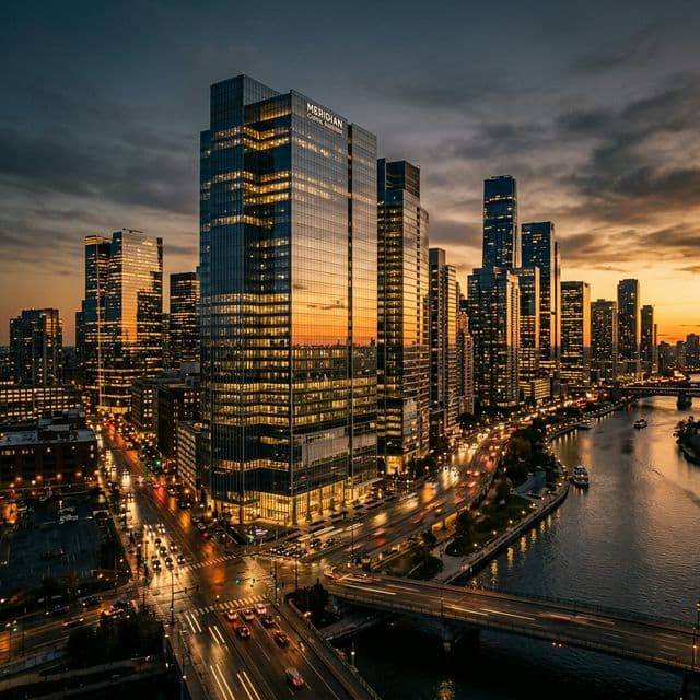 A sleek, cinematic view of a modern financial advisory office skyline at dusk.